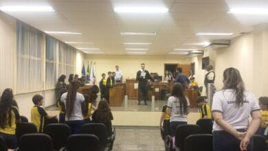 O juiz Rodrigo Maas dos Anjos conduziu um júri simulado com os estudantes (Crédito: Divulgação / TJMG)