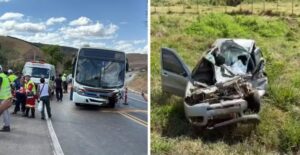 Acidente entre ônibus e carro deixa um morto e 12 feridos na BR-116, em MG — Foto: Edson Simões